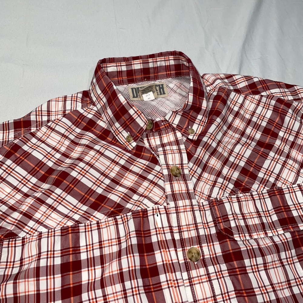 Duluth Trading Co Mens Medium Short Sleeve Plaid Performance Fishing Shirt Red‎